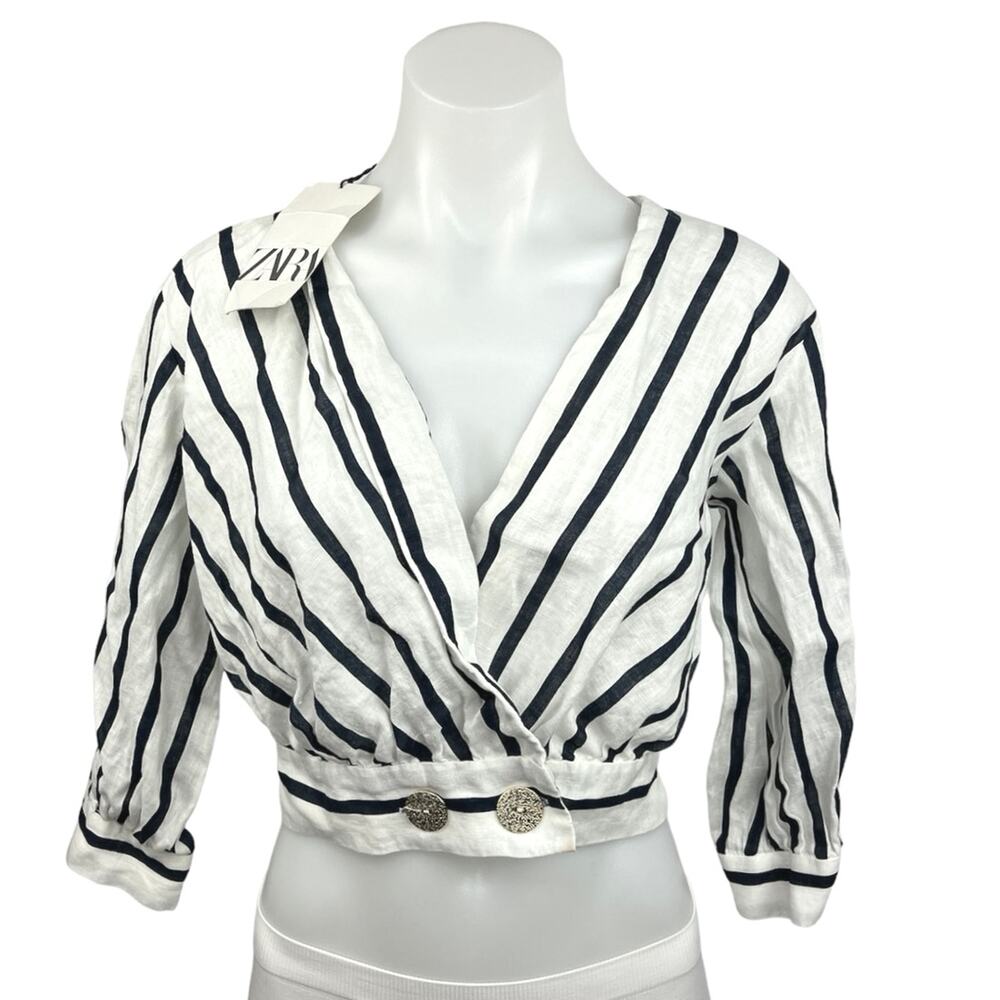 Zara NWT White Striped 100% Linen V-Neck Wrap Balloon Sleeve Blouse Crop Top XS